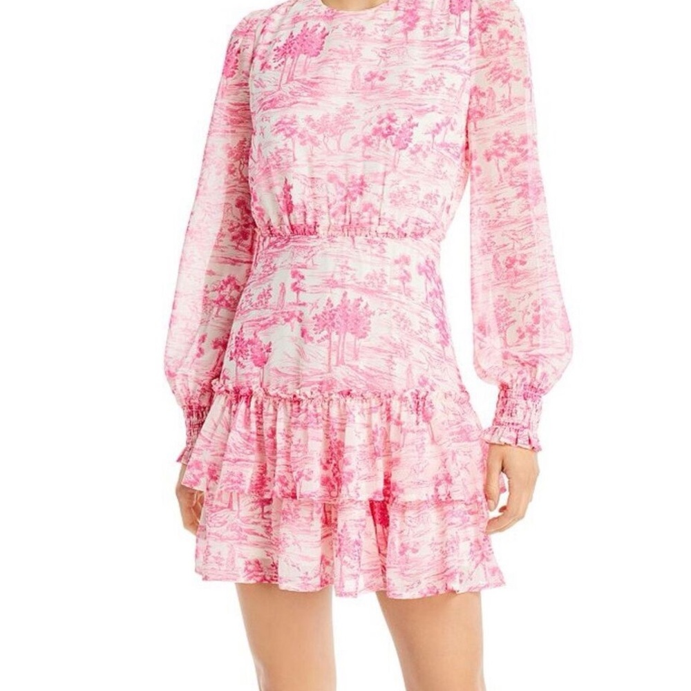 AQUA Aqua Hot Pink White Toile Tiered Ruffled Lined Fit & Flare Dress
